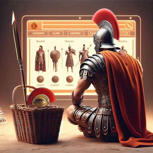 Création de site e-commerce représenter par un gladiateur devant une boutique en ligne. Création par l'agence web Kodeeus.